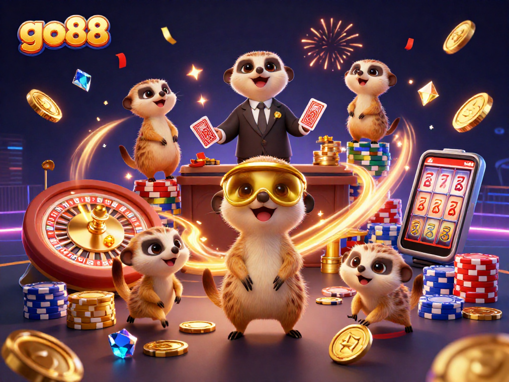 Experience the excitement of go88 with a lively meerkat casino scene featuring card dealers and a pit boss.