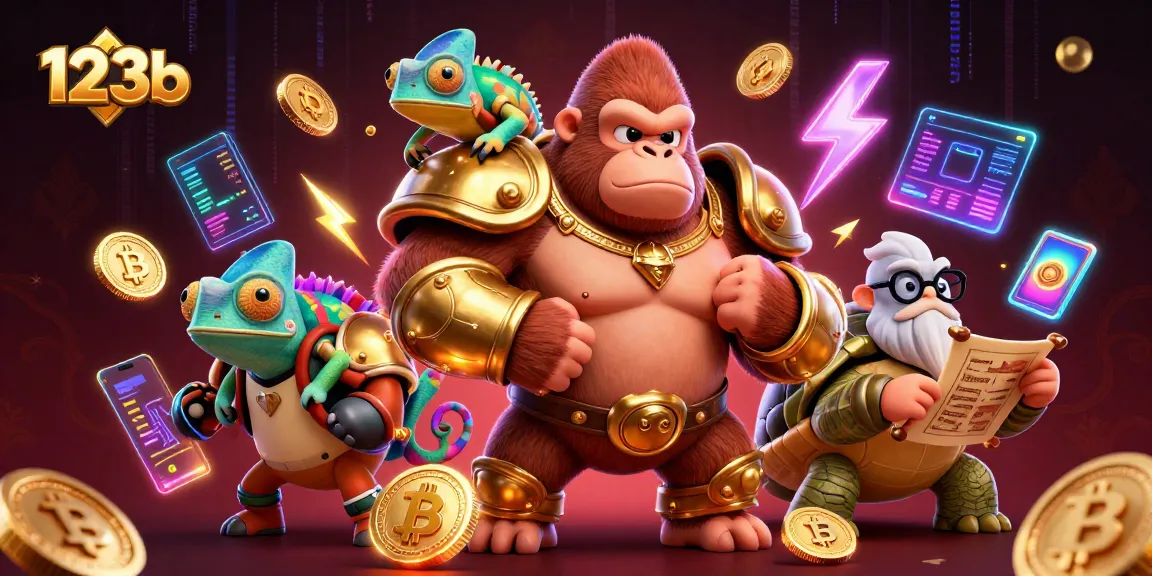 Engage in thrilling fun at 123b with the powerful gorilla king and his chameleon companion, amidst vibrant digital game elements.