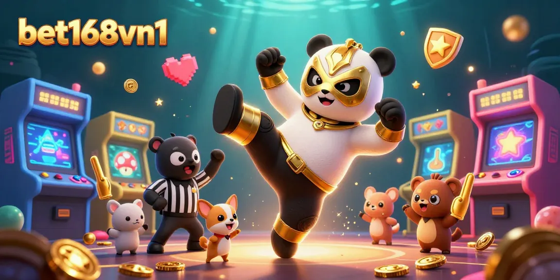 Experience exciting gameplay at bet168vn1 with a lively scene featuring our mascot and casino game elements.