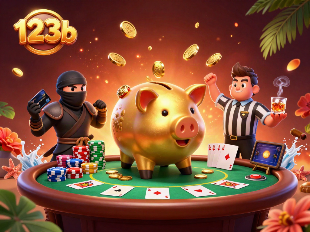 Win with 123b at this vibrant casino scene featuring a golden piggy bank sumo wrestler and action elements.