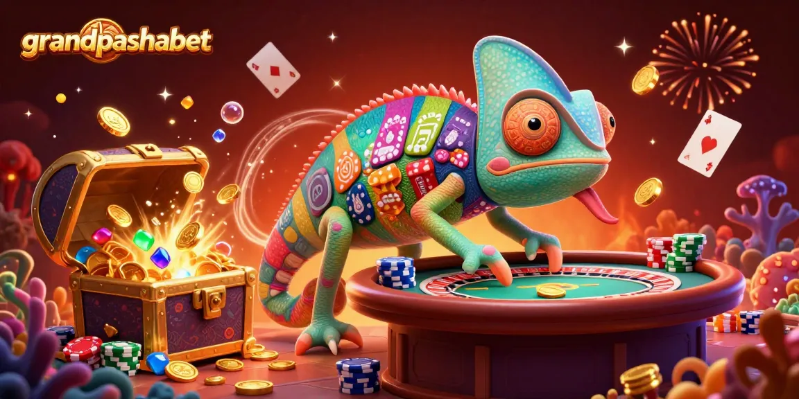 grandpashabet casino owner chameleon captures coins amidst a dynamic casino atmosphere