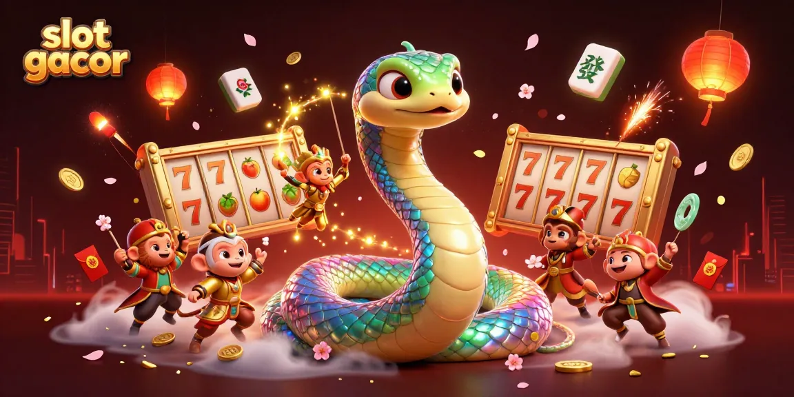 Engage with slot gacor as the playful monkey king swings around a shimmering rainbow serpent illustration.
