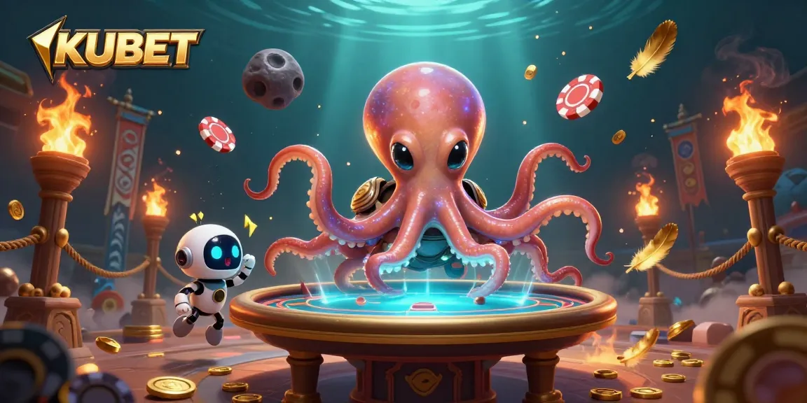 KUBET engages players with a vibrant 3D casino scene featuring an alien octopus and a robot, showcasing excitement and gaming atmosphere.