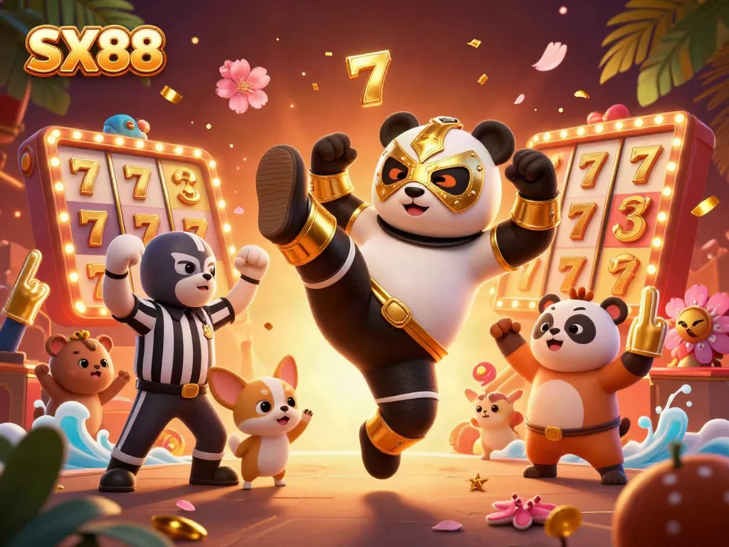 SX88 showcases a dynamic scene with a wrestling panda and cheering animals, surrounded by slot reels and lucky symbols.