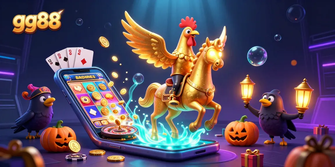 Experience the vibrant gg88 casino with a golden rooster riding through a world of games and winnings.