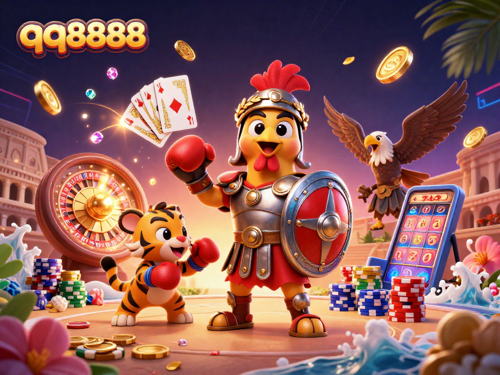 Experience winning at qq8888 with a dynamic 3D illustration of a gladiator rooster in a casino.