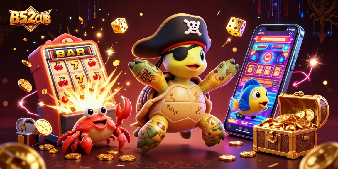 B52CLUB showcases a lively gambling scene with vibrant characters celebrating a jackpot win.