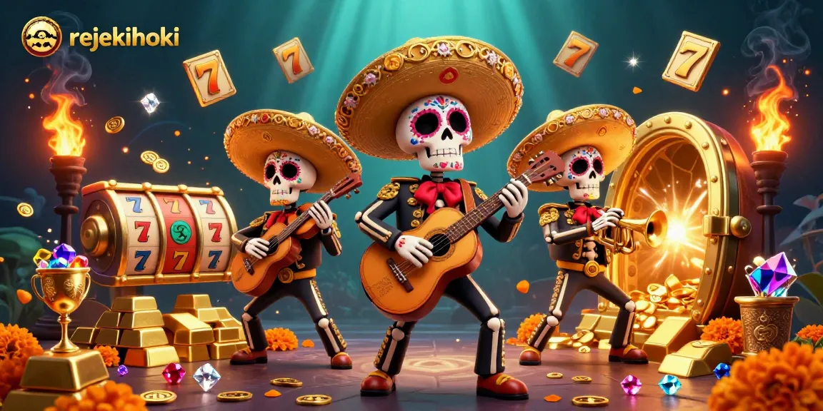 Experience the excitement of rejekihoki with a vibrant mariachi band surrounded by dynamic slot reels and treasures.