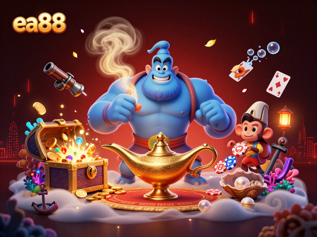 Experience the excitement of ea88 casino games with a dynamic scene featuring a genie, monkey, and magic carpet.