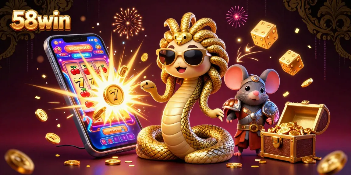 Engage with 58win's vibrant casino experience featuring Medusa, a warrior mouse, and dazzling gaming elements.