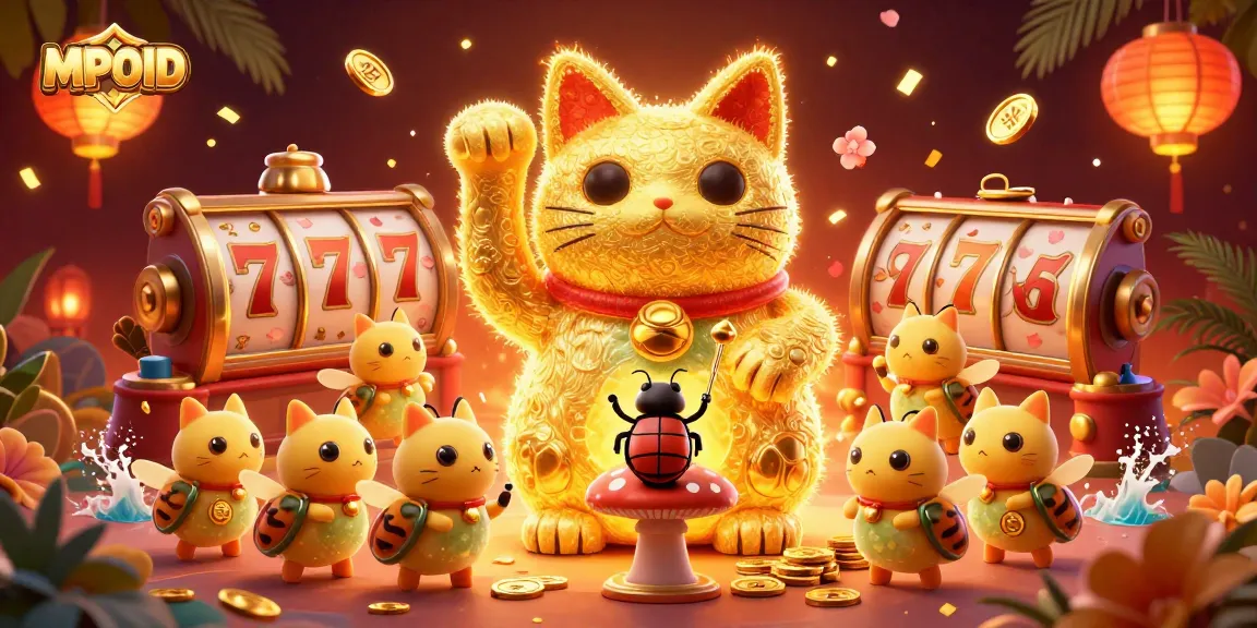 Engage with MPOID's giant lucky cat, surrounded by vibrant casino elements and rich animations.
