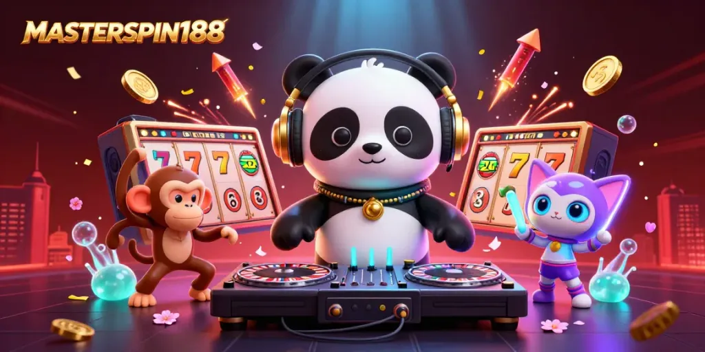 Engage in thrilling slots action at MASTERSPIN188 with vibrant characters and casino elements.