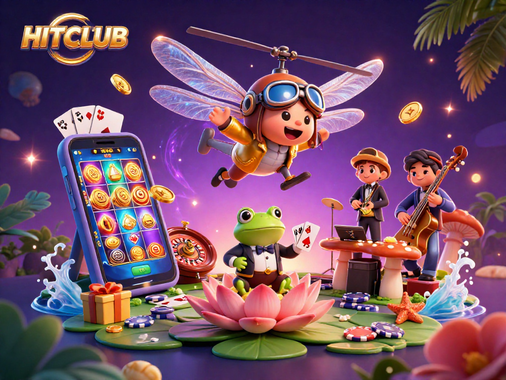 Join the excitement of HITCLUB as a dragonfly pilot and frog croupier create a lively casino atmosphere.