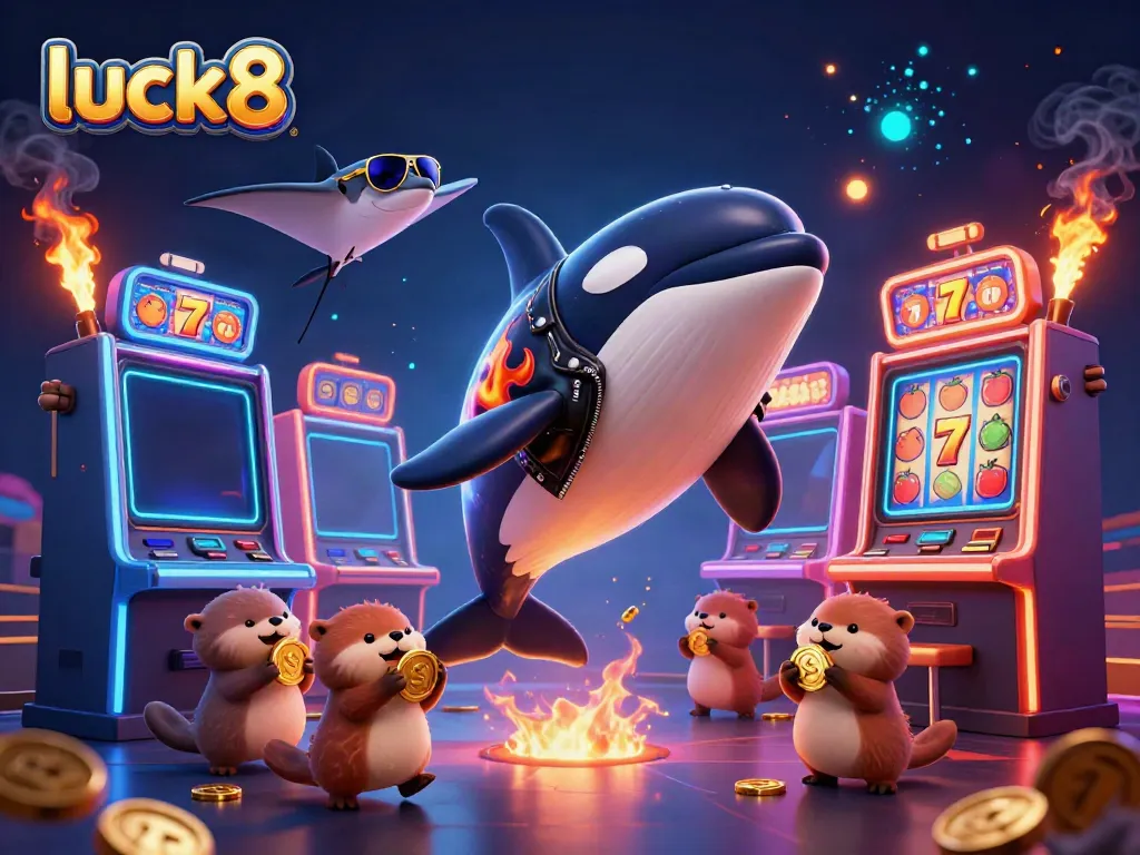 Experience luck8 with a vibrant casino scene featuring characters and golden winnings.