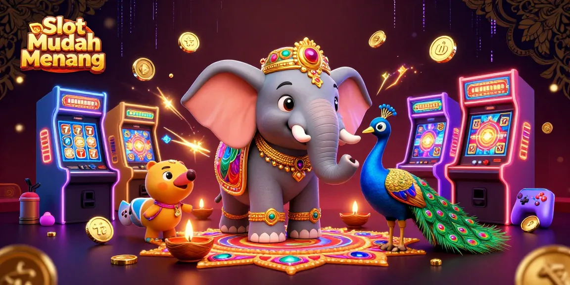 Experience excitement with Slot Mudah Menang in a vibrant casino scene featuring 3D characters and game elements.