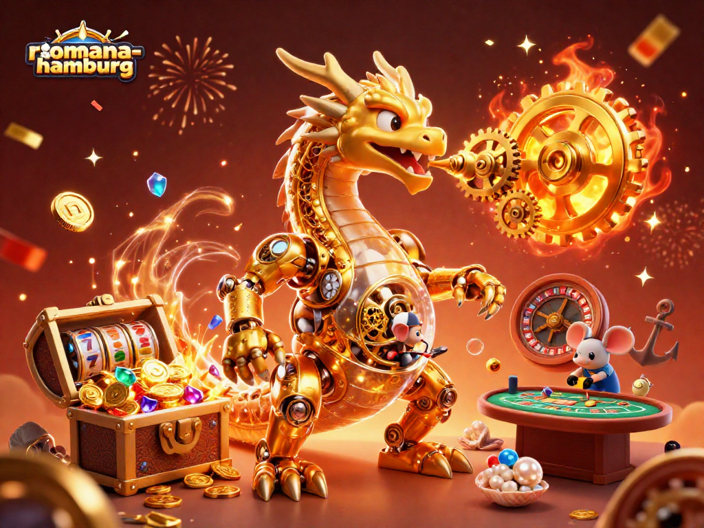 Engage with romana-hamburg's vibrant casino world featuring a golden dragon and dynamic gaming elements.