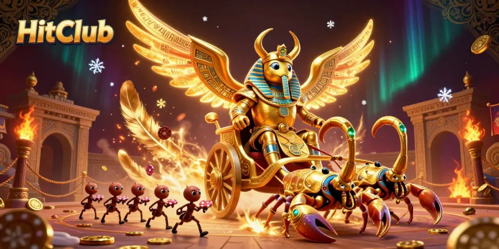 Experience the excitement of HitClub with a dynamic 3D scene featuring a colossal golden scarab and unique gaming elements.