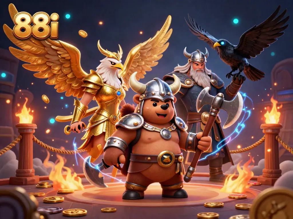 Engage with the vibrant casino scene of 88i featuring a Viking berserker bear and Valkyrie eagle in action.