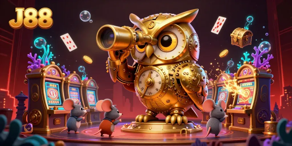 Experience the excitement of J88 with a vibrant casino scene featuring a golden owl and wind-up mouse patrons.