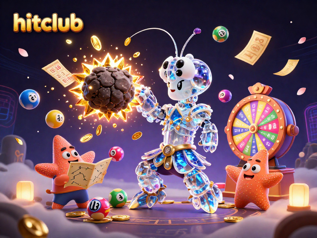 Hitclub showcases a dynamic casino scene with a galactic samurai shrimp and vibrant lottery elements.