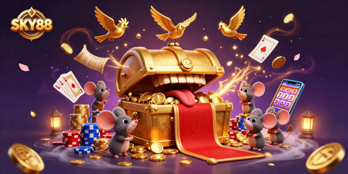 SKY88 captivates players with rich treasure, cascading coins, and exciting gambling elements in a vibrant casino scene.