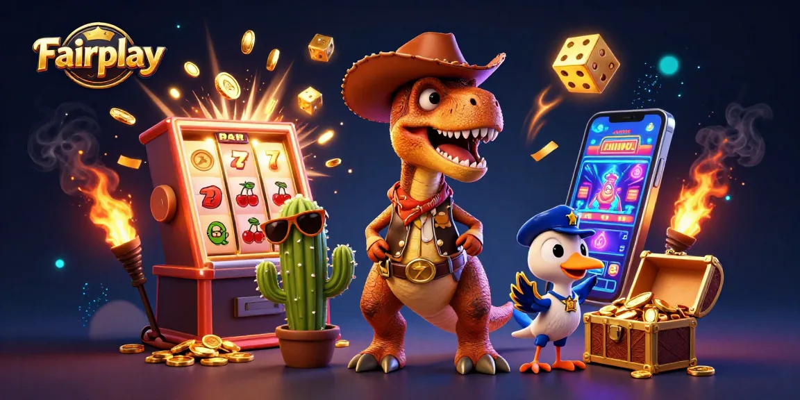 Fairplay-themed 3D casino scene featuring a cowboy T-Rex, cactus, and roadrunner with slot machine elements.