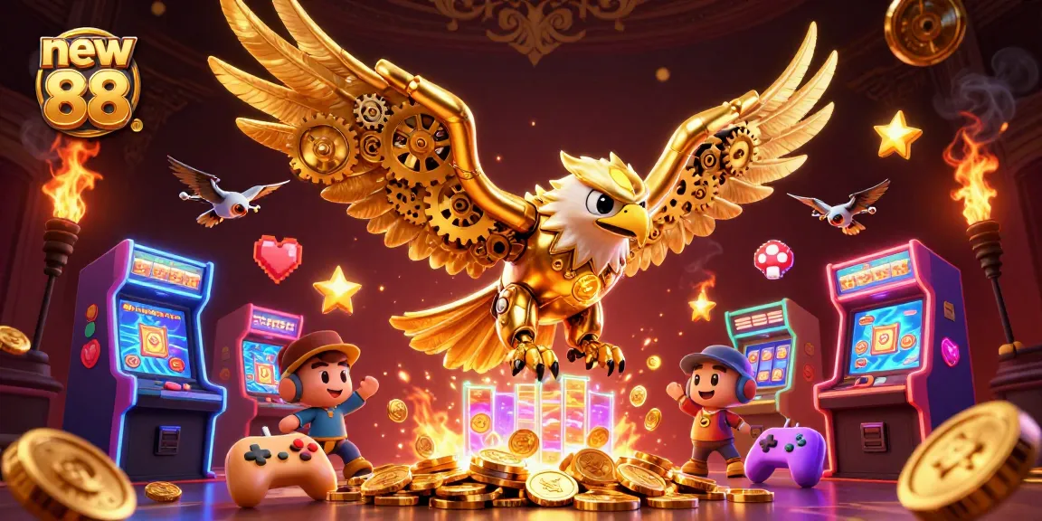 Experience the excitement of new 88 casino games with vibrant 3D illustrations of slot machines and a cybernetic golden eagle.