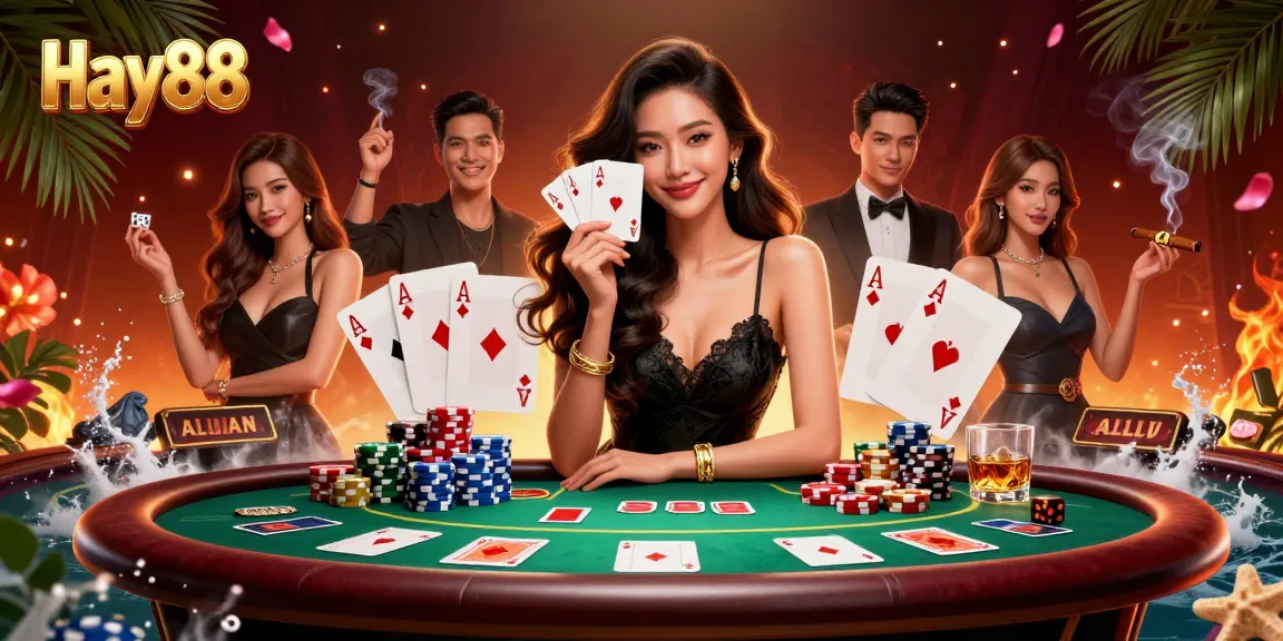 Experience thrilling gameplay with Hay88, featuring a stunning Asian woman holding ace cards in a luxurious casino setting.