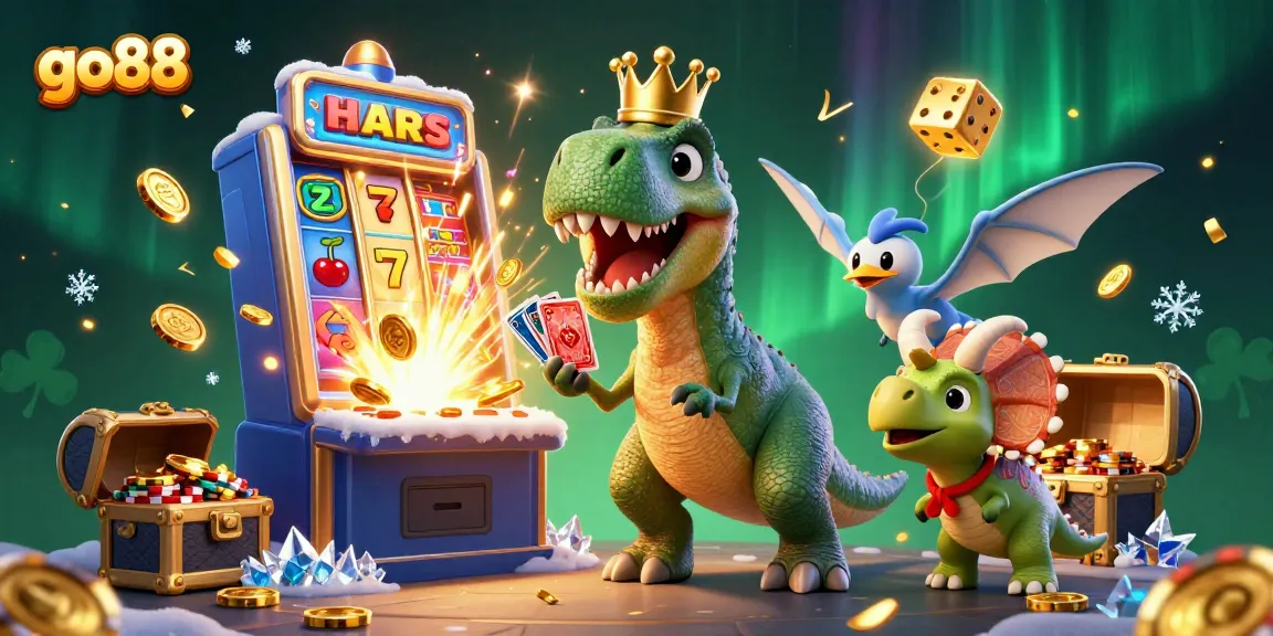 Experience the excitement at go88 with a thrilling card game scene featuring a T-Rex and friends in a vibrant casino atmosphere.