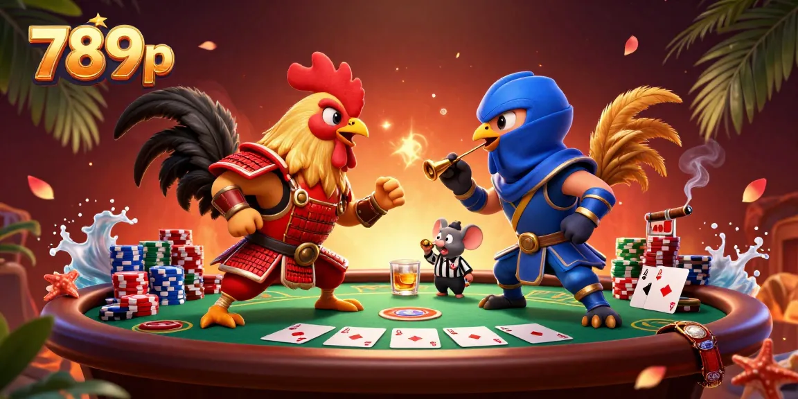 Engage with 789p's exciting tournament featuring fighting roosters adorning samurai and ninja armor at a poker table.