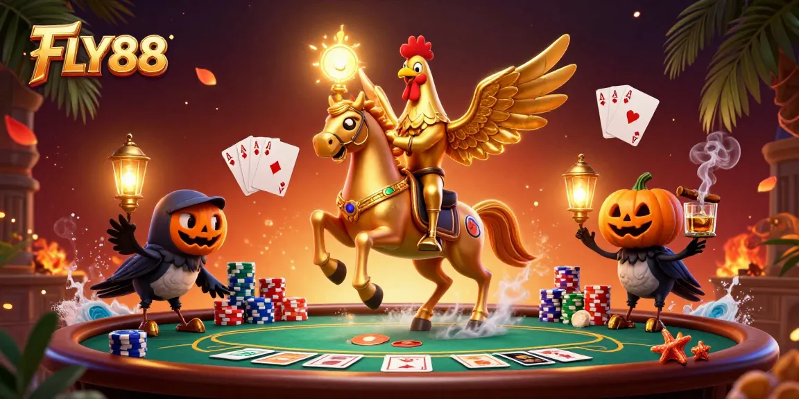 Experience FLY88's dazzling casino scene with a golden rooster and poker elements.