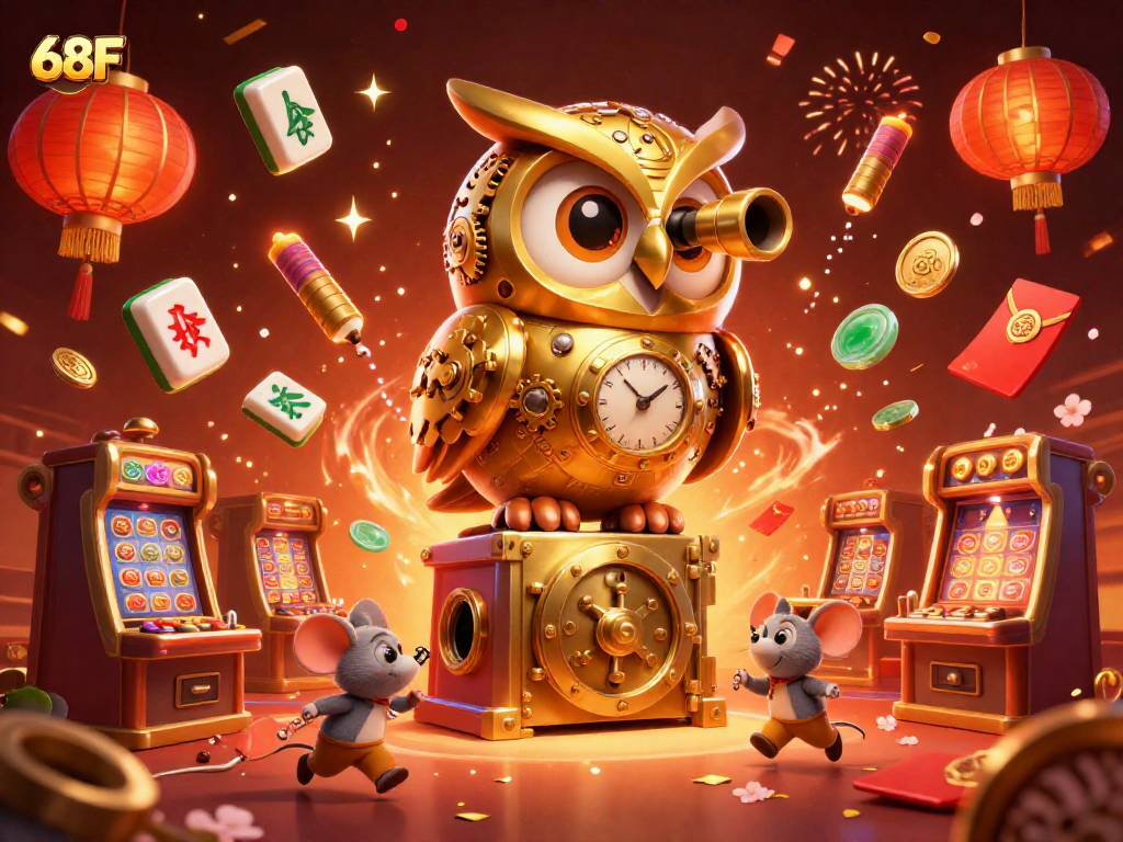 Ilustração 3D do cassino mostrando o coruja dourada 68F em ação, cercada de elementos de jogos.