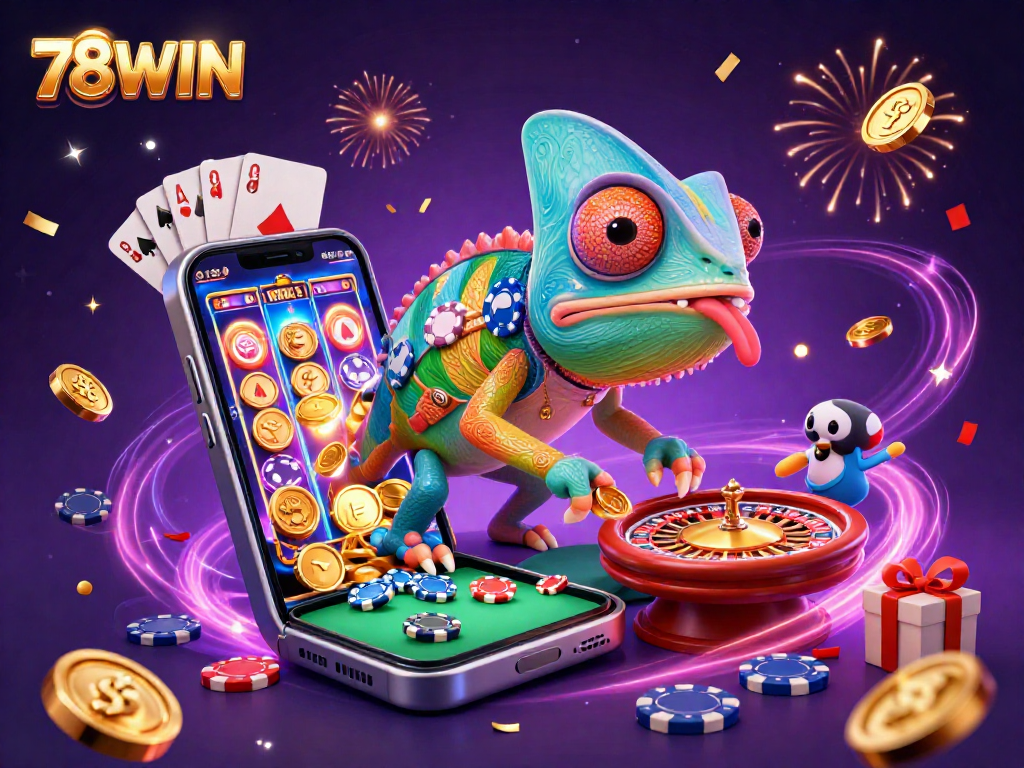 Engage in thrilling casino adventures at 78WIN, showcasing a colorful scene with vibrant slot games.