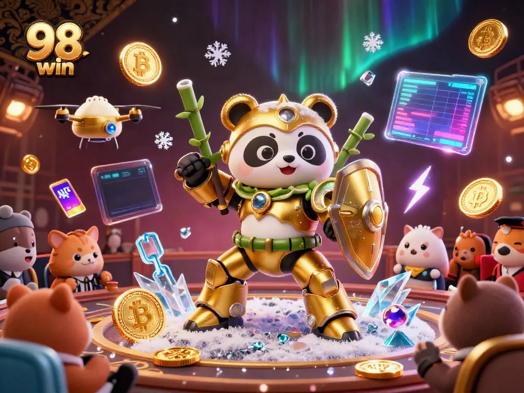 Experience thrilling action at 98 win's gambling arena with vibrant characters and BTC elements.