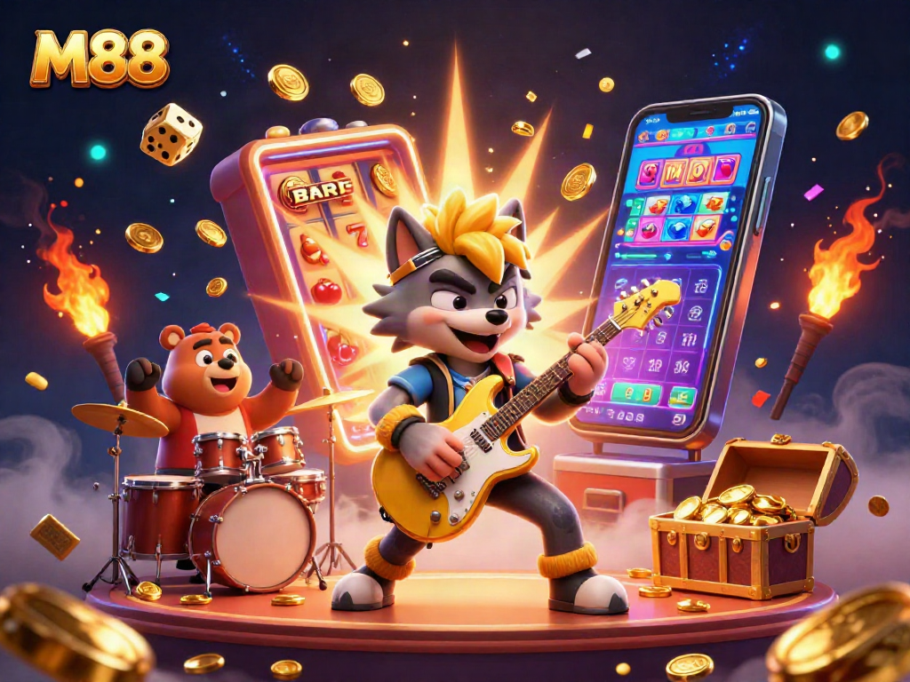 M88 showcases a vibrant casino scene with a wolf rock star and bear drummer amidst dynamic gaming elements.