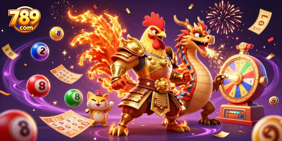 Experience thrilling gameplay at 789win com surrounded by dynamic casino elements in this vibrant illustration.