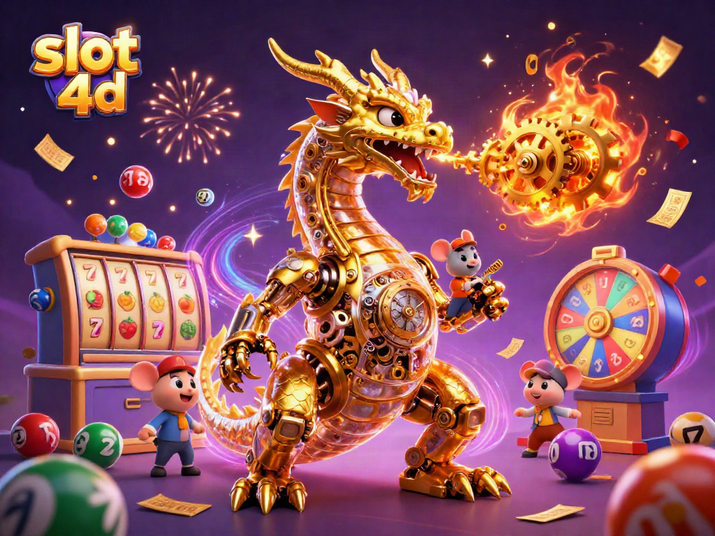 Mainkan slot 4d dengan gambar naga emas dan bola lotre penuh semangat.
