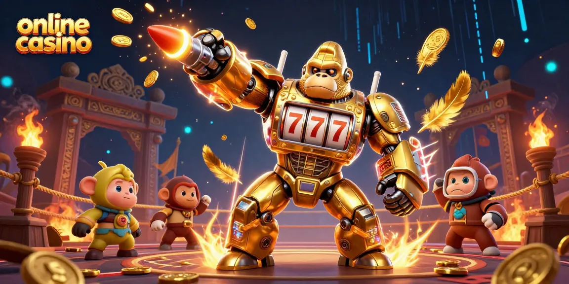 Experience the excitement of online casino gaming with a dynamic gorilla mech and vibrant elements.