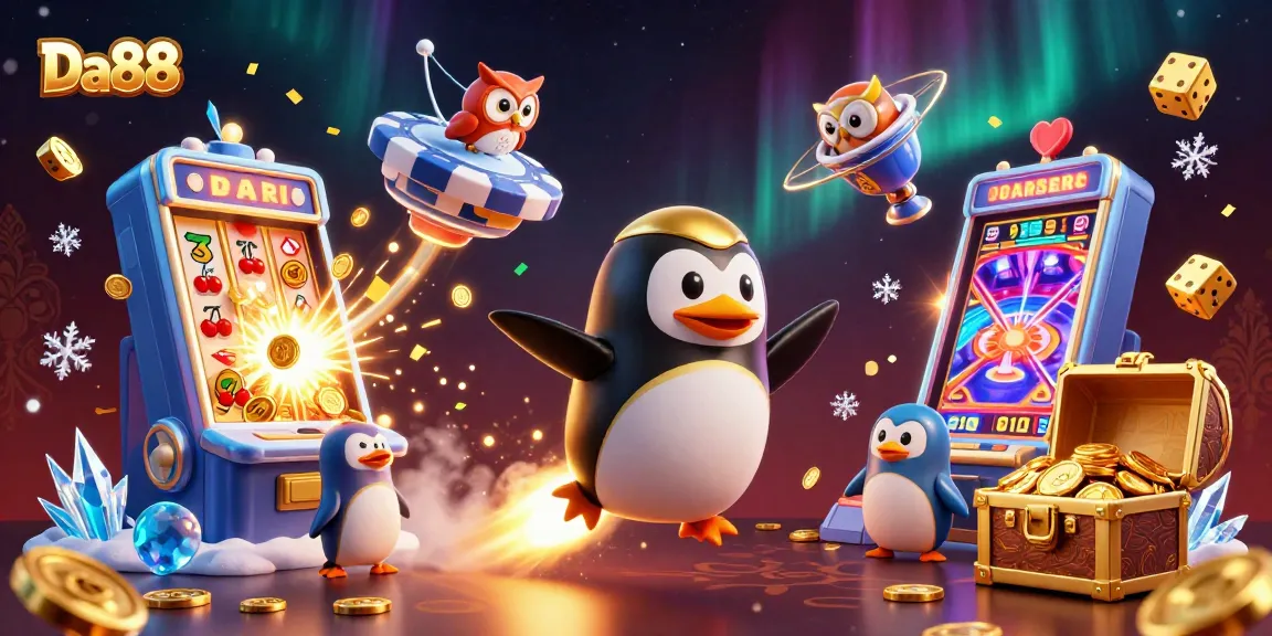 Experience Da88 with a rocket-powered penguin soaring towards a vibrant casino world, symbolizing endless possibilities.