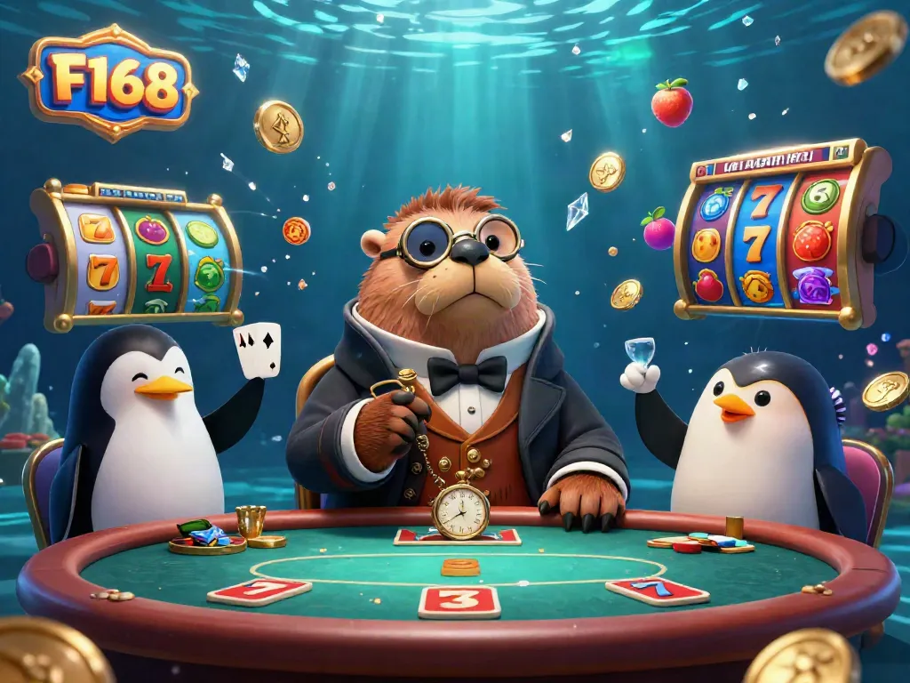 Experience thrilling games at F168 with playful characters at an underwater poker table, rich with casino elements.