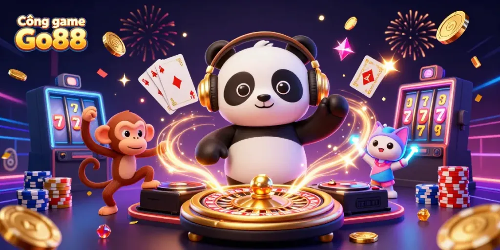 Cổng game Go88: Exciting 3D illustration of dancing characters and casino elements celebrating wins.