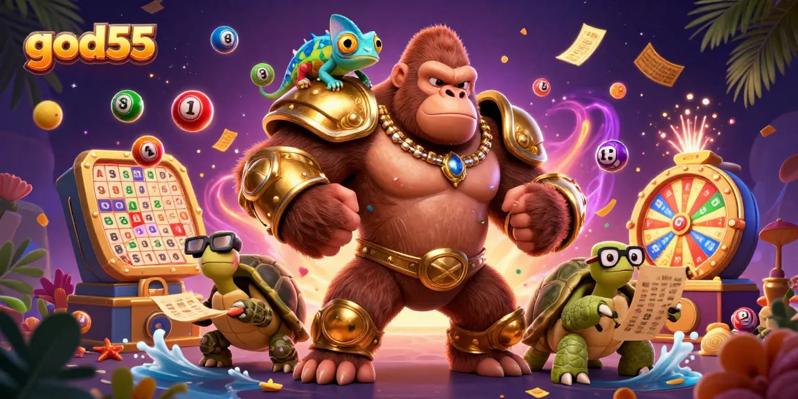 god55 offers vibrant gaming adventures with a gorilla king, colorful lottery balls, and exciting casino elements.
