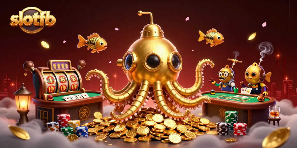 Menggoda permainan slotfb dengan kerangka kraken emas dan ikan mekanis, dikelilingi chip poker.