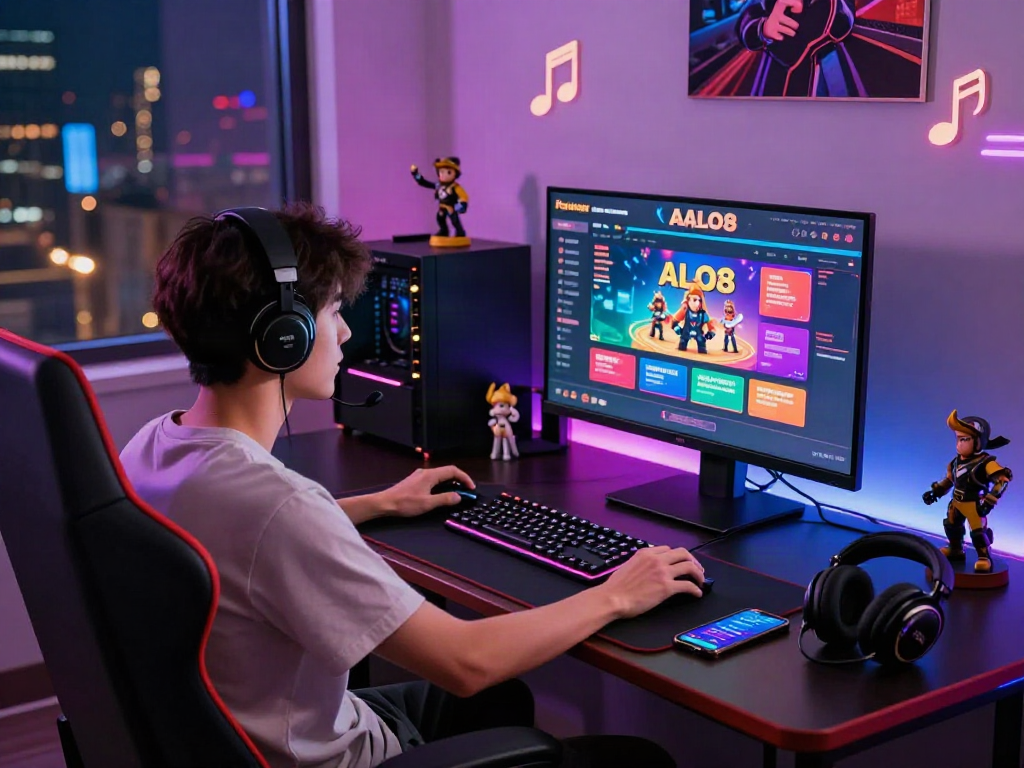 Engaged player interacting with ALO8 online gaming platform in a vibrant gaming setup.