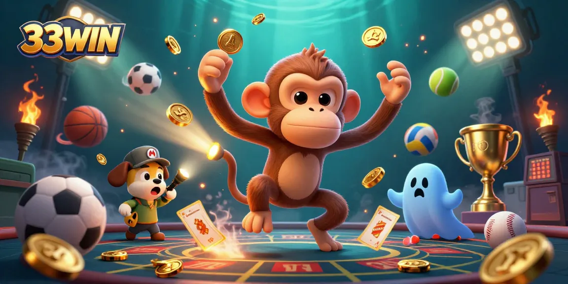 Engage with 33WIN as the mischievous monkey juggles winning casino treasures in a haunted scene.