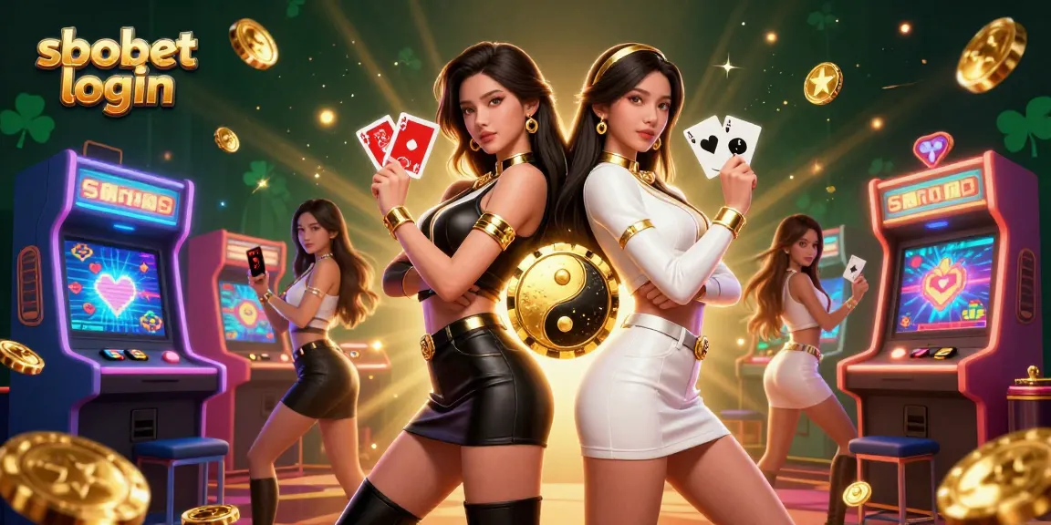 Engage with sbobet login in a vibrant casino scene featuring twin Asian women with playing cards.