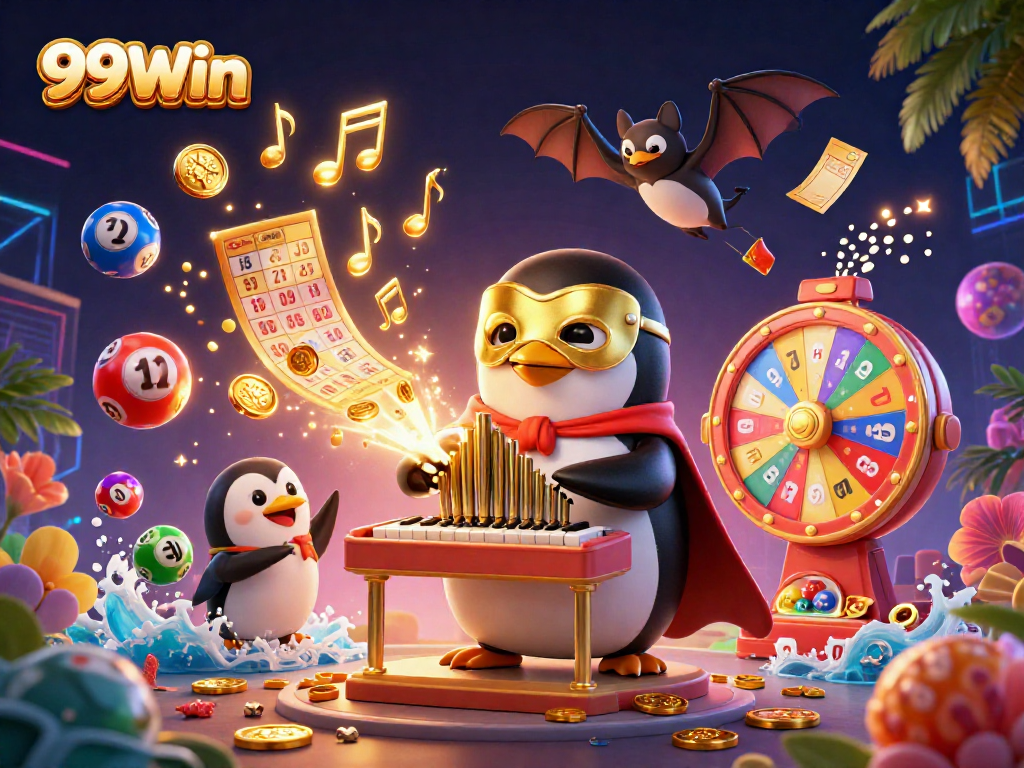 Play exciting games at 99Win with fun lottery and bingo elements featuring a penguin!
