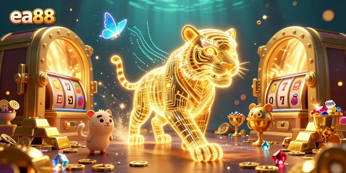 ea88 casino adventure featuring a neon-wireframe tiger and treasures of jackpot games.