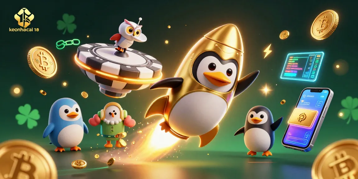 Engage with keonhacai 18 in vibrant 3D casino adventure featuring golden penguins and crypto elements.