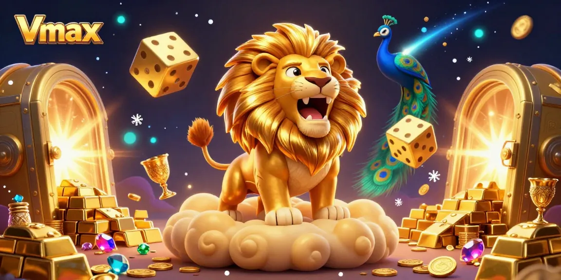 Experience thrilling wins with Vmax in this vibrant casino illustration filled with dazzling gems and golden treasures.